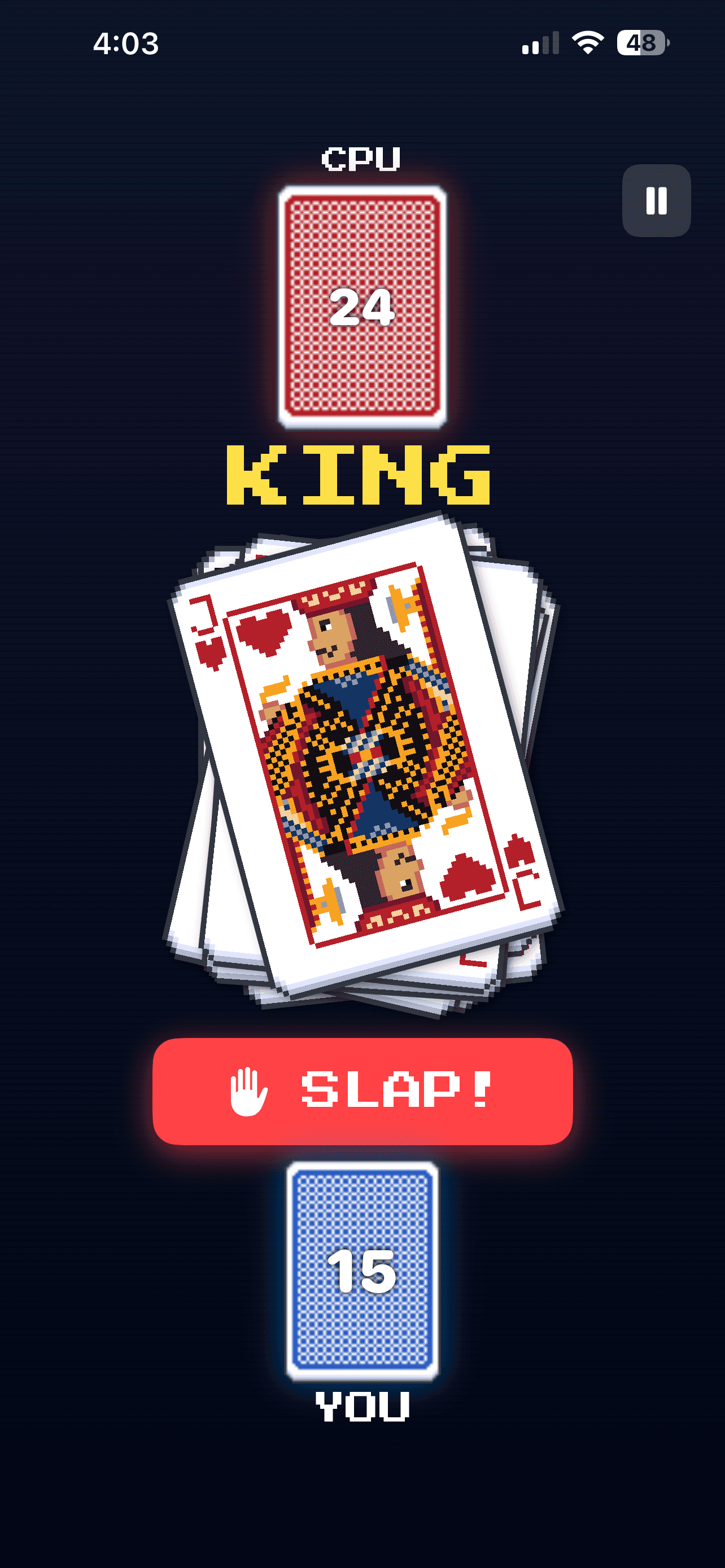 Reaction game showing a king card, CPU opponent, and slap button