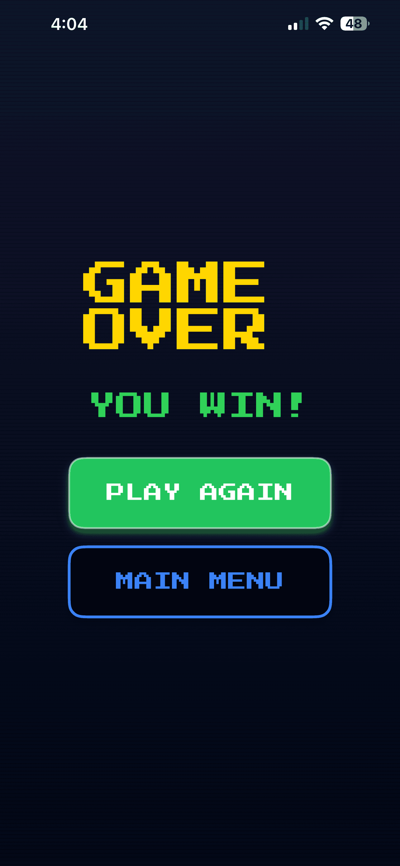 Victory screen with play again and main menu options