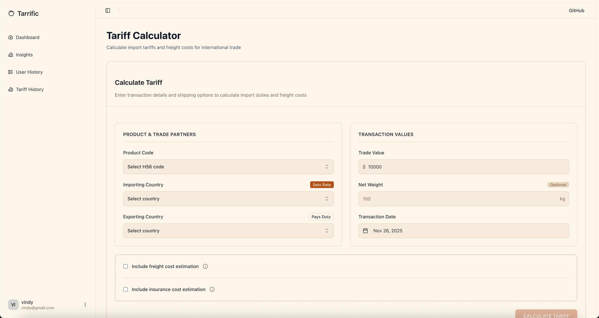 Tariffic trade analytics interface